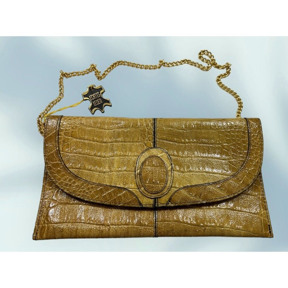 Echtes Leder Brown Leather Croc Embossed Clutch Shoulder Purse Bag with Chain